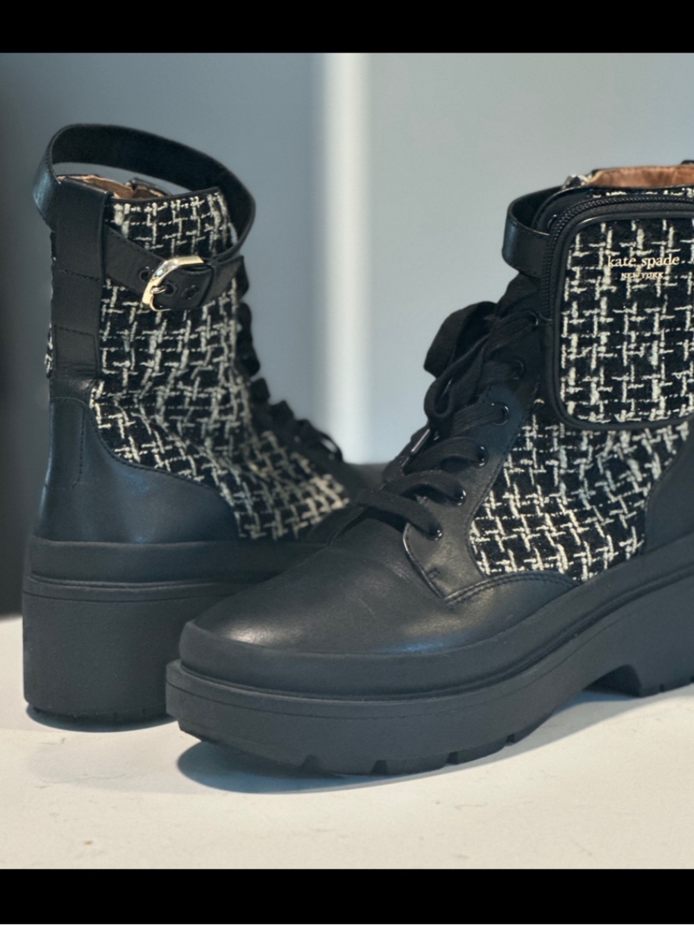 Kate Spade Winona Tweed & Leather Combat Booties - Size 9